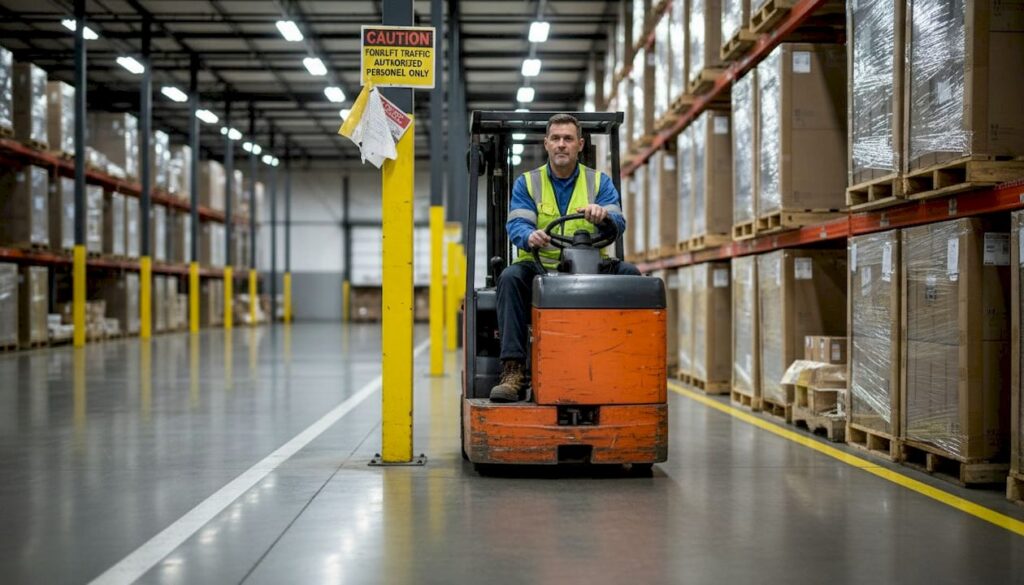 Forklift operator in warehouse with safety gear