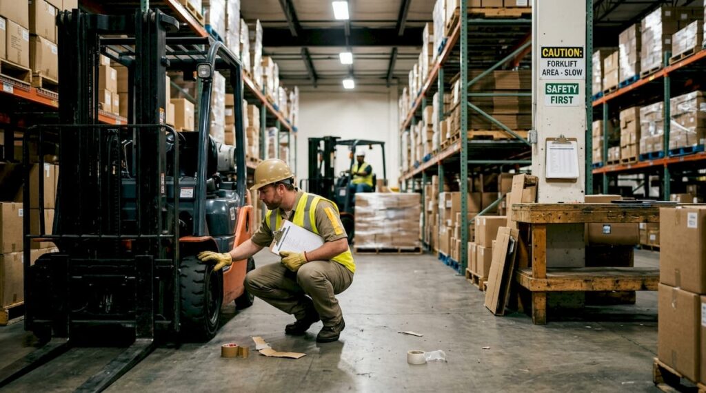 Forklift operator inspecting forklift in warehouse