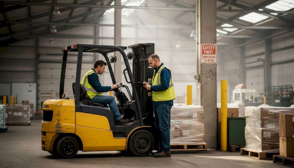Warehouse supervisor discussing forklift use with operator