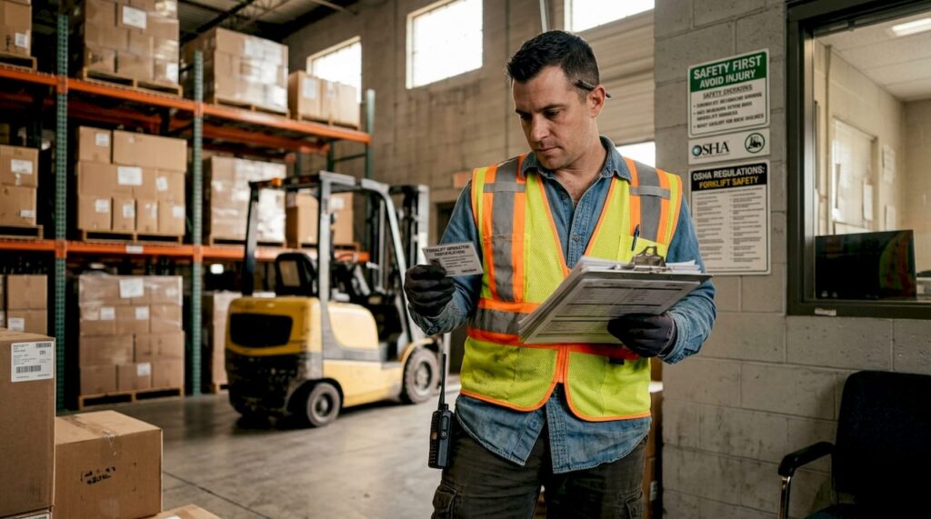 Supervisor reviewing forklift card near warehouse dock
