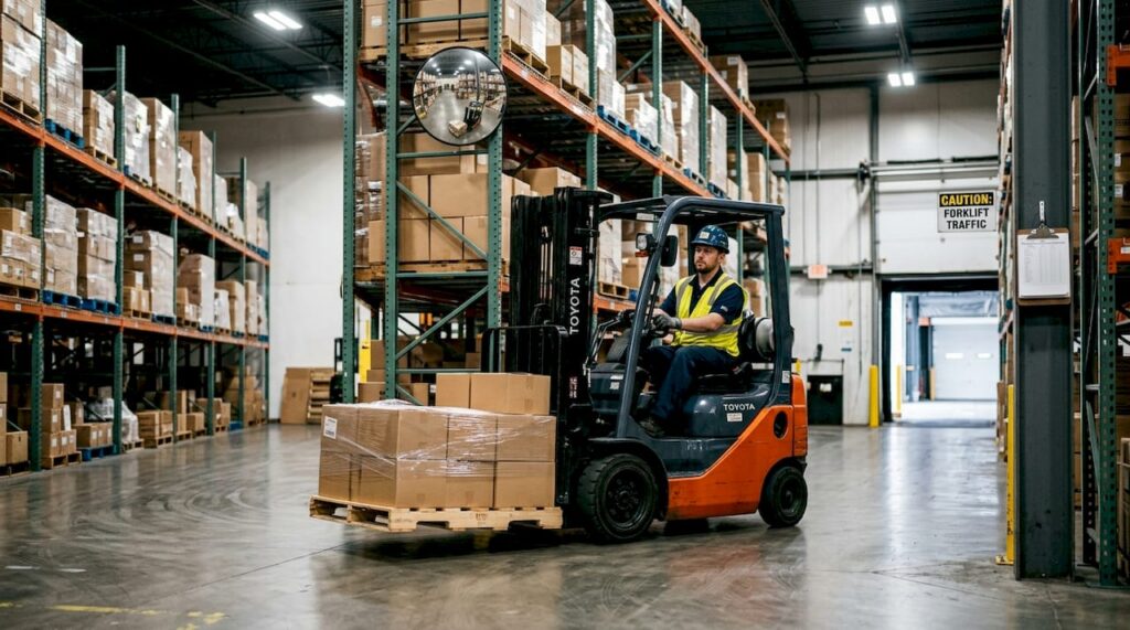 Forklift operator driving in active warehouse