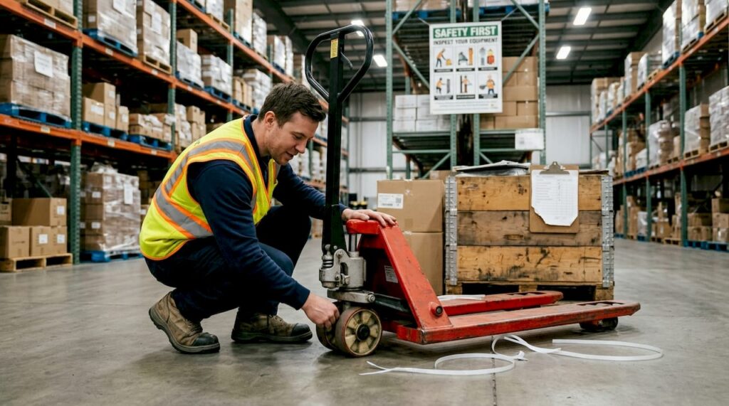Worker checking pallet jack in warehouse