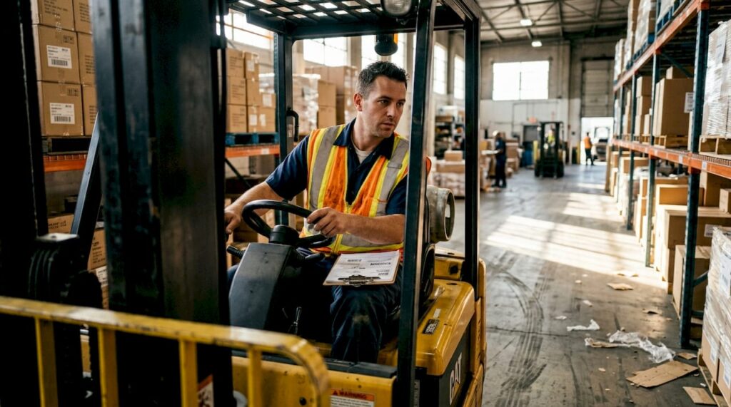Forklift operator driving through busy warehouse