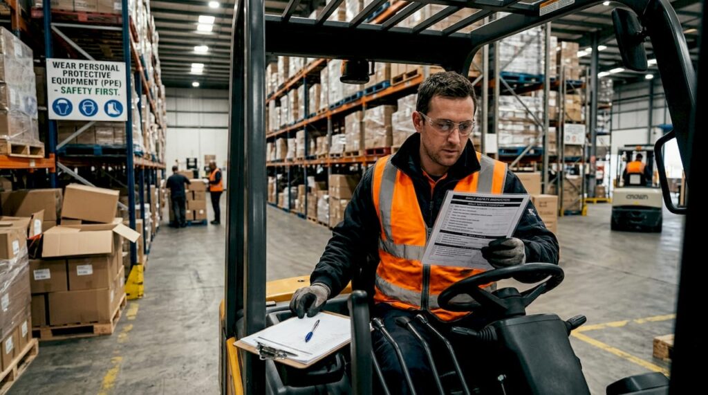 Forklift operator reviewing training checklist in warehouse