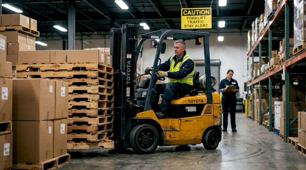 Forklift operator working in active warehouse