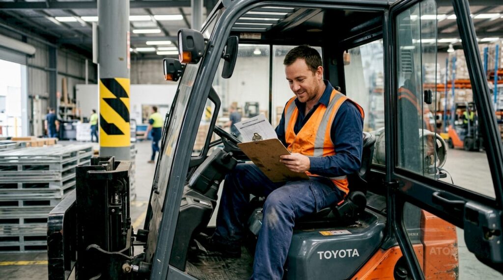 Forklift operator reviewing safety checklist in warehouse