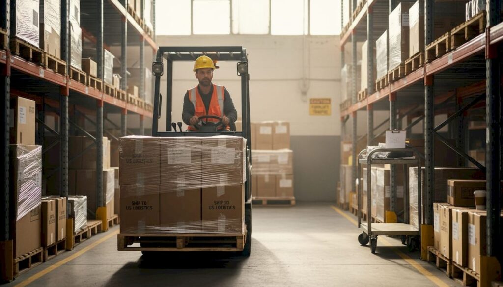 Forklift operator cautiously driving in warehouse