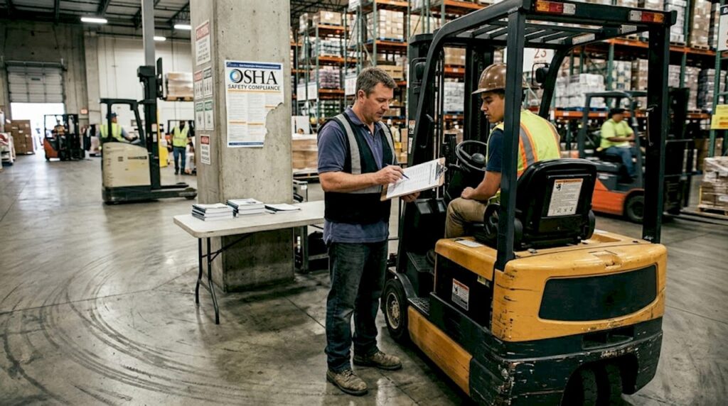 Supervisor overseeing forklift training in warehouse