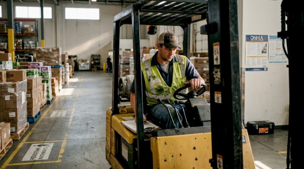Forklift operator in warehouse checking compliance