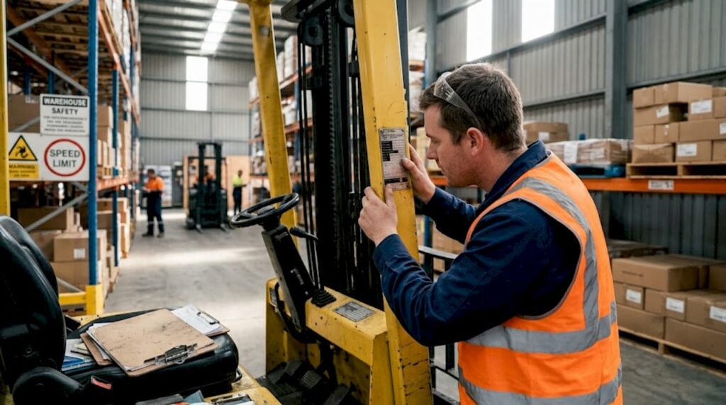 Forklift operator checks data plate in warehouse