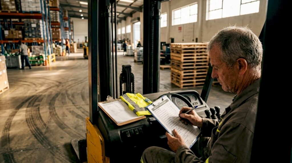 Forklift operator reviewing checklist in warehouse