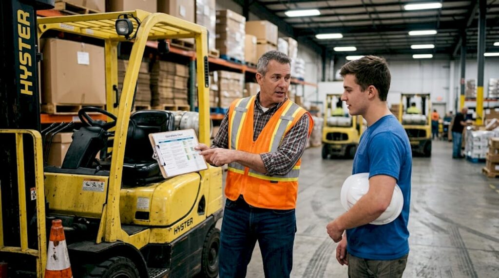 Forklift trainer teaching safety procedure
