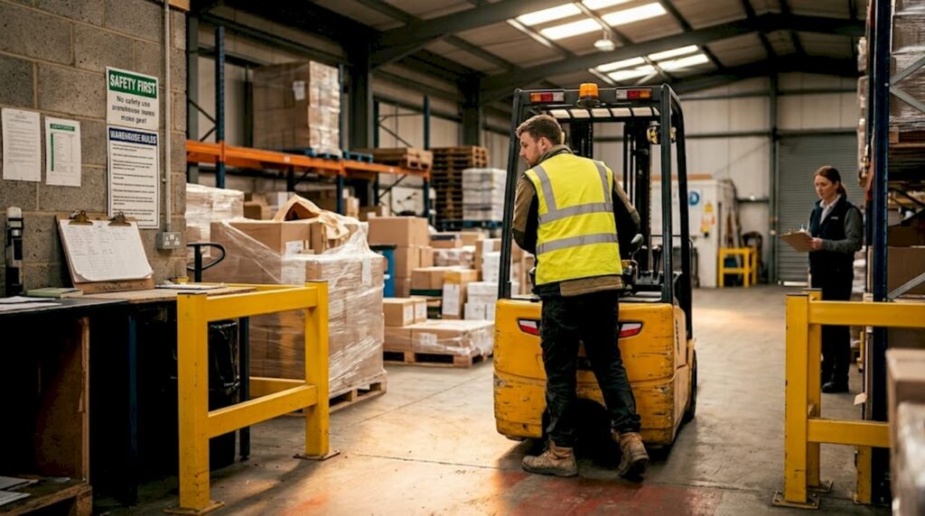 Forklift operator practicing under trainer supervision