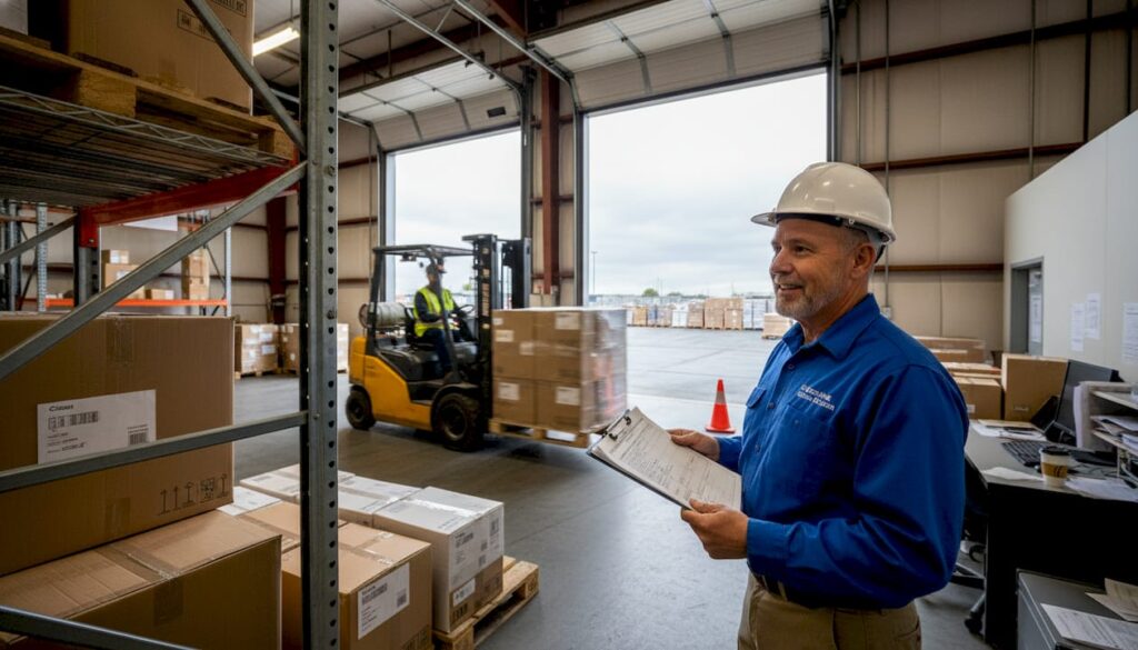 Supervisor monitoring forklift certification in warehouse