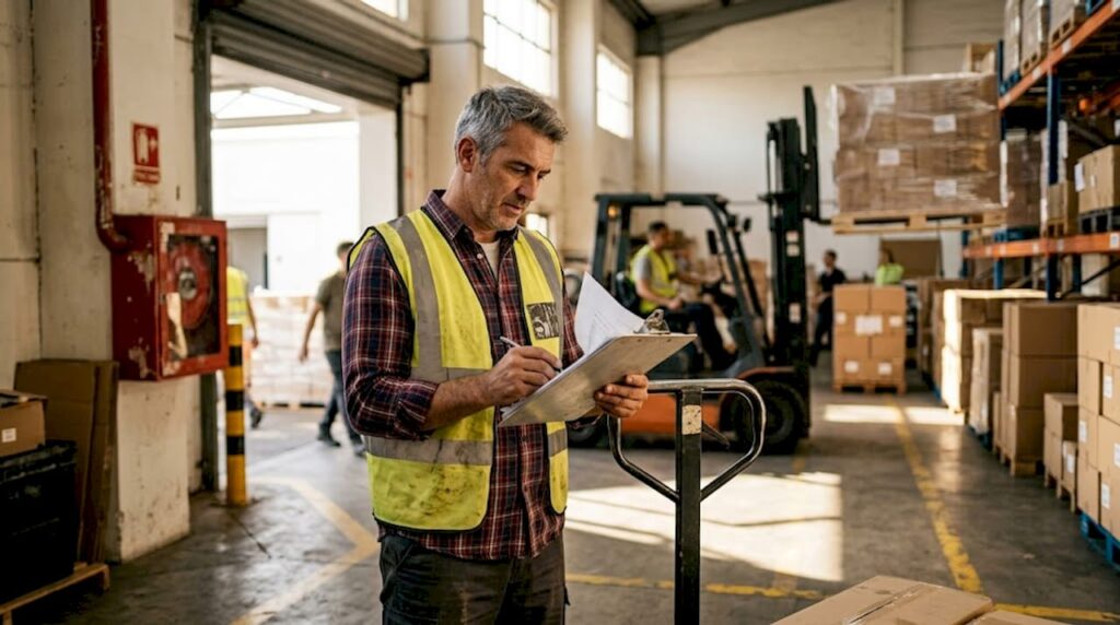 Warehouse supervisor reviews lift certification paperwork
