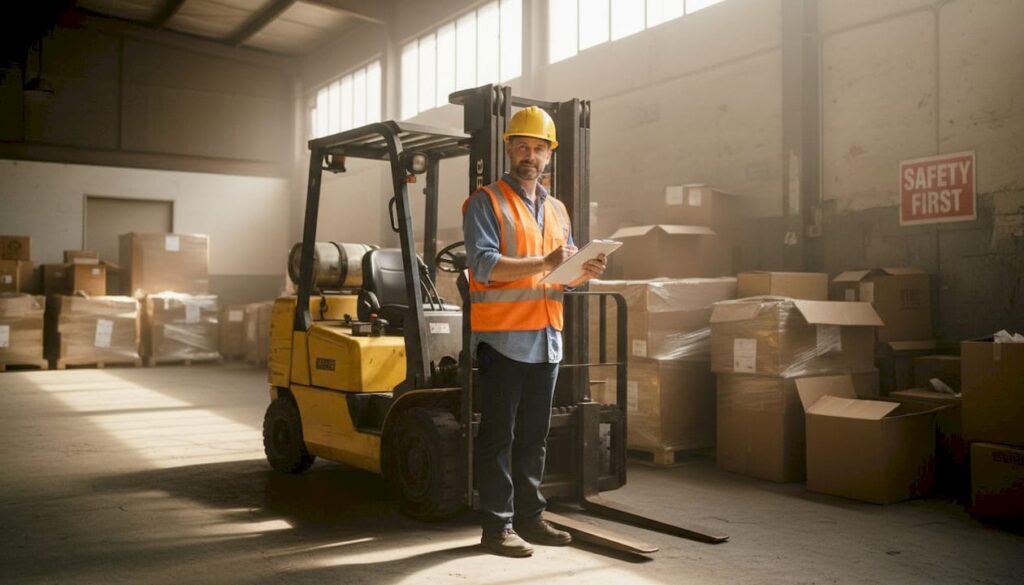 Forklift operator reviews safety checklist in warehouse