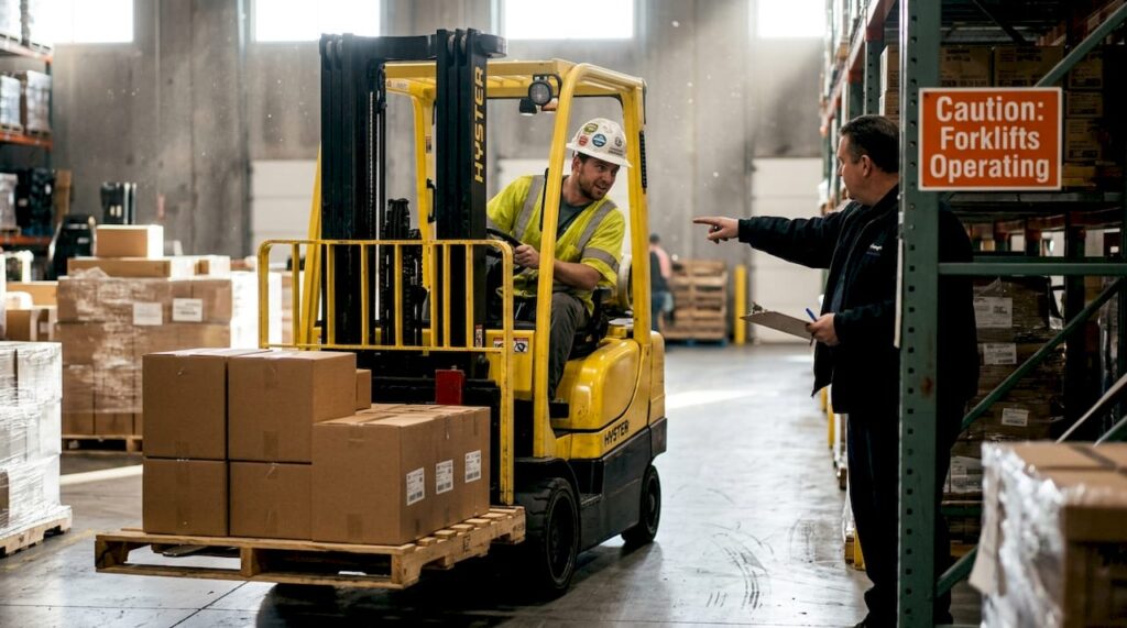 Forklift operator receiving hands-on warehouse training