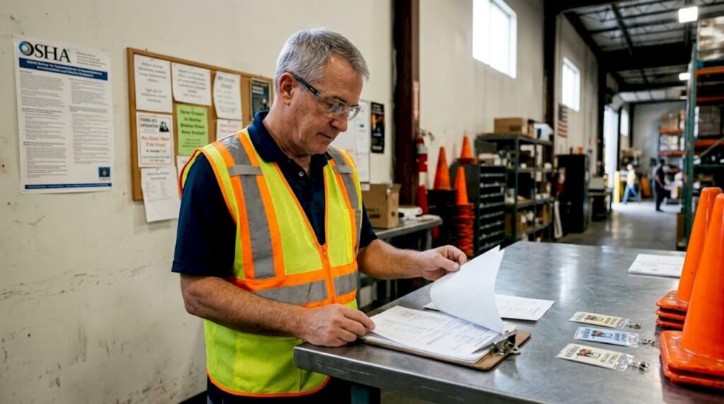 Warehouse supervisor reviews safety training records