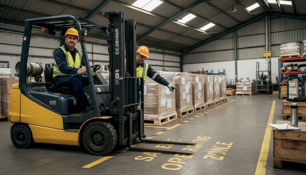 Forklift operator training in busy warehouse