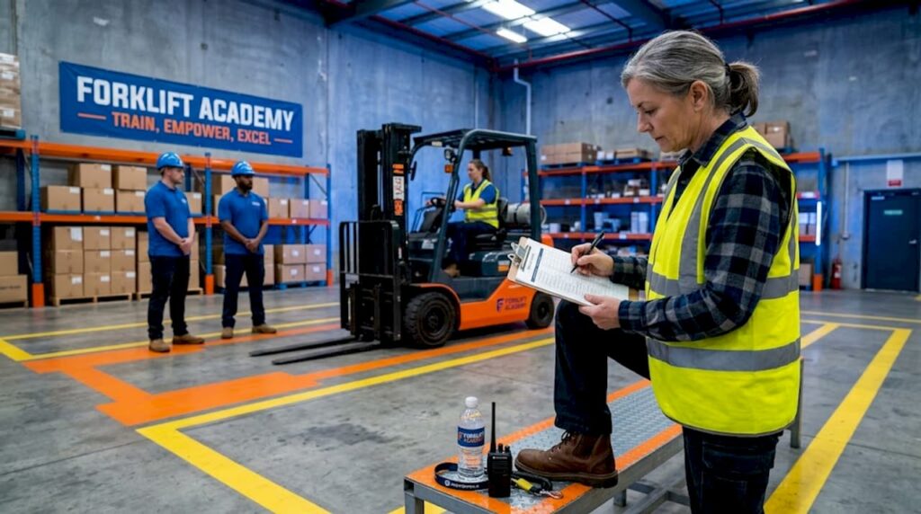 Manager reviewing forklift training with operators
