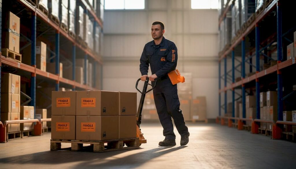 Warehouse worker using pallet jack in aisle