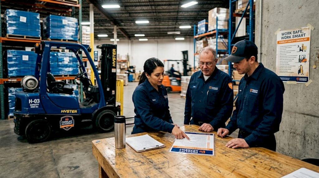 Forklift operators reviewing terminology sheet in warehouse