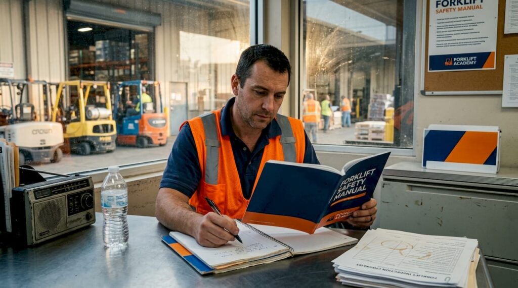 Worker studying forklift safety at warehouse desk