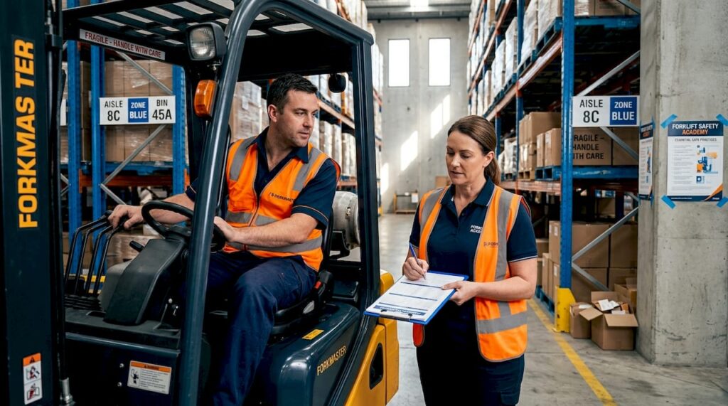 Forklift operator and trainer during warehouse training