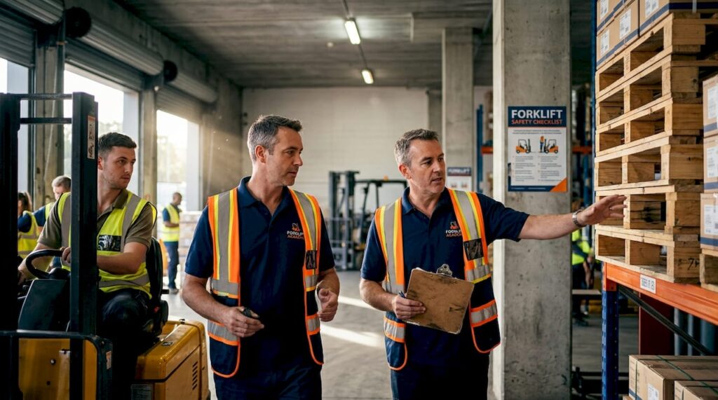 Forklift trainer guiding onsite safety session
