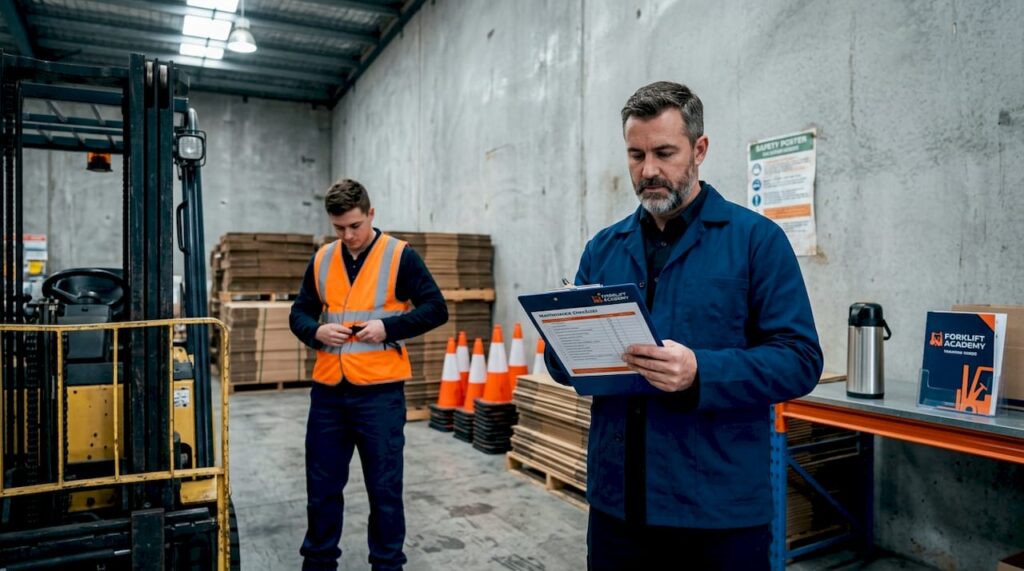 Supervisor inspecting forklift for routine safety