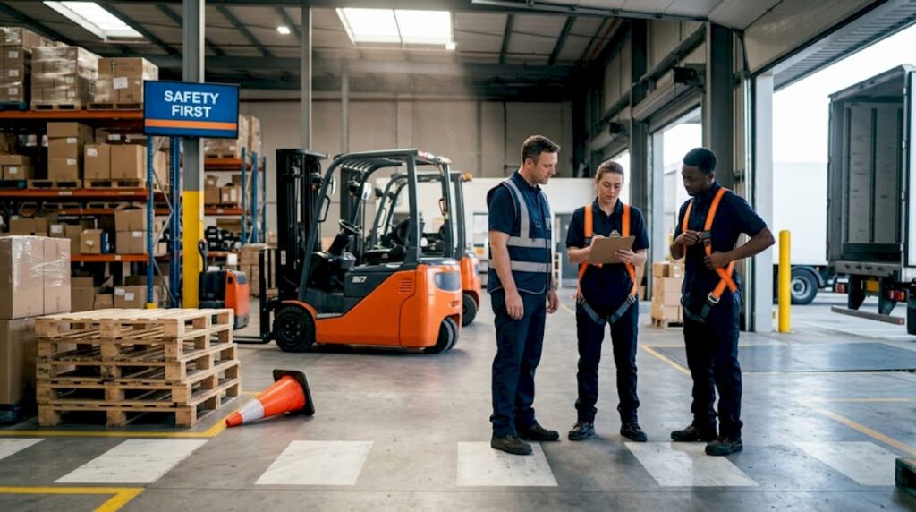 Warehouse team reviewing forklift safety procedures