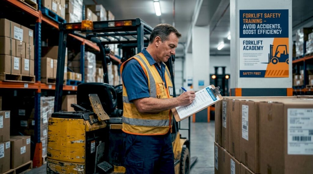 Forklift operator conducts safety checklist inspection