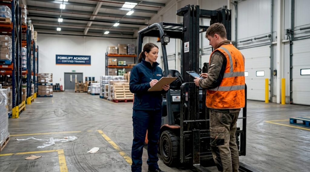 Supervisor reviewing forklift safety checklist