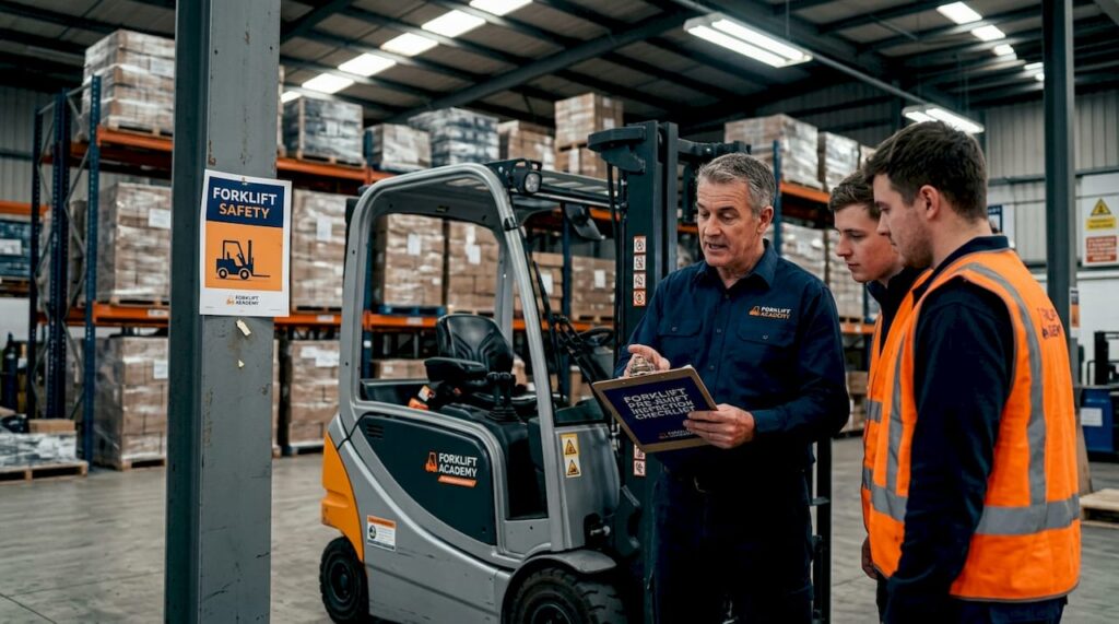 Trainer instructs employees on forklift safety in warehouse
