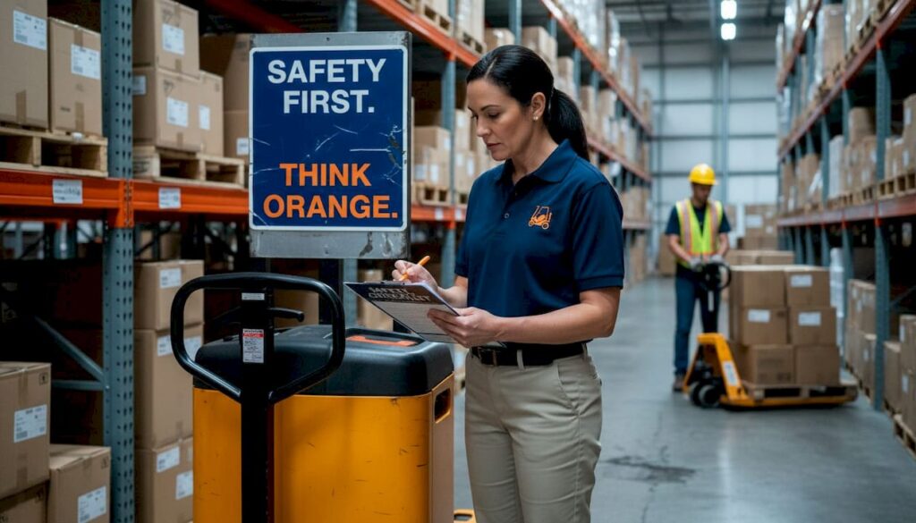 Warehouse manager reviewing pallet jack safety checklist