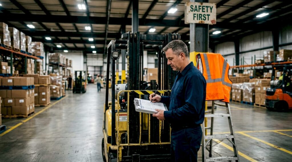 Warehouse supervisor inspecting forklift operations for safety