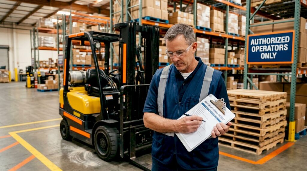 Warehouse supervisor auditing forklift certification process