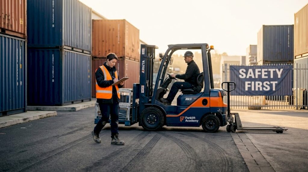 Supervisor and forklift operator in safe warehouse