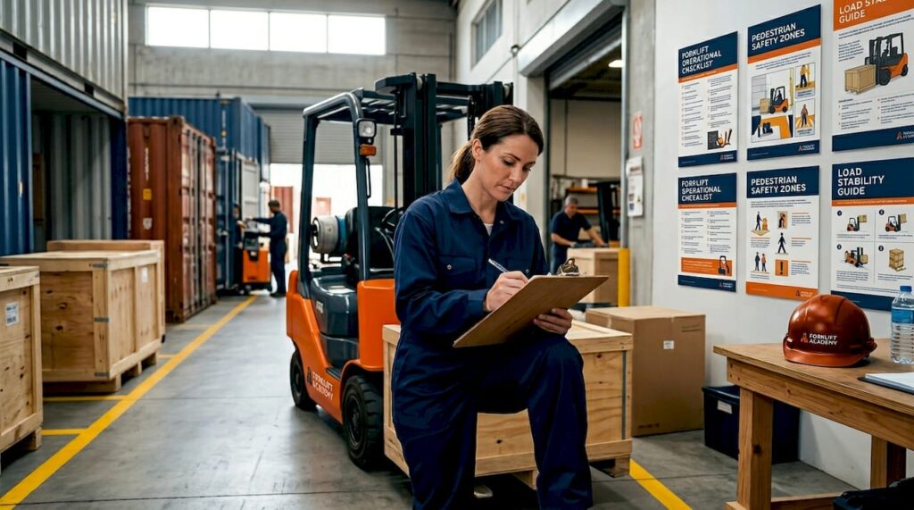 Forklift operator checking clipboard in warehouse