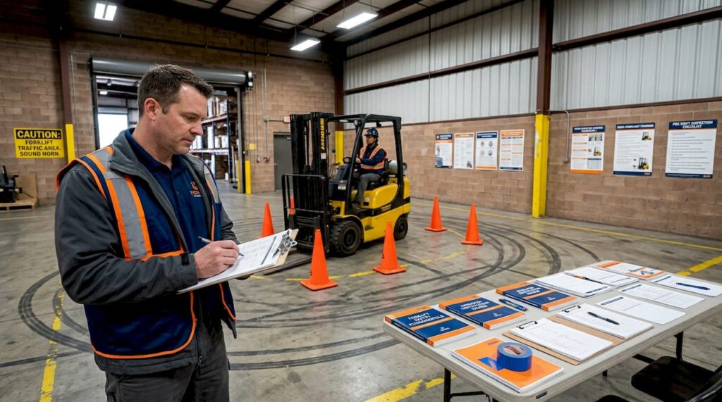 Trainer supervising forklift operator training session