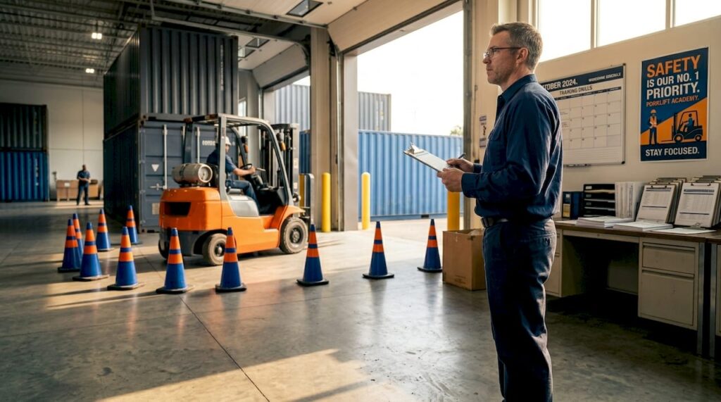 Warehouse manager reviewing forklift compliance checklist