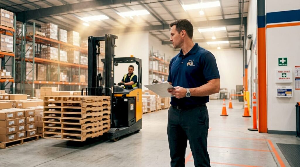 Warehouse manager observing forklift training session