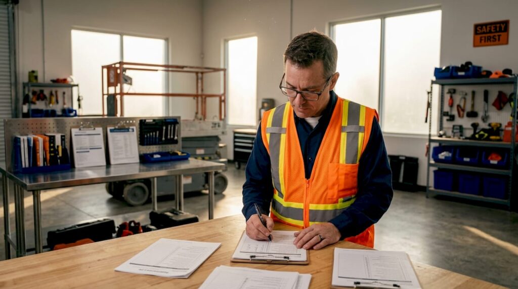 Safety manager filling out scissor lift inspection log