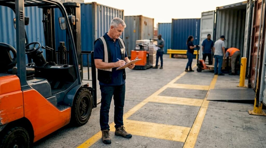 Warehouse manager reviews OSHA forklift training checklist