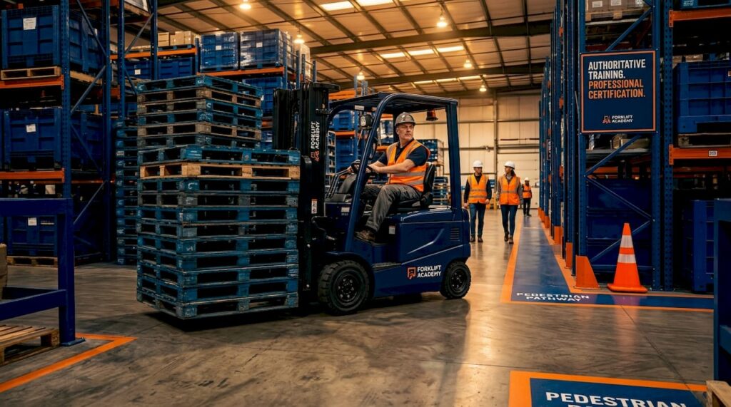 Forklift operator navigating busy warehouse safely