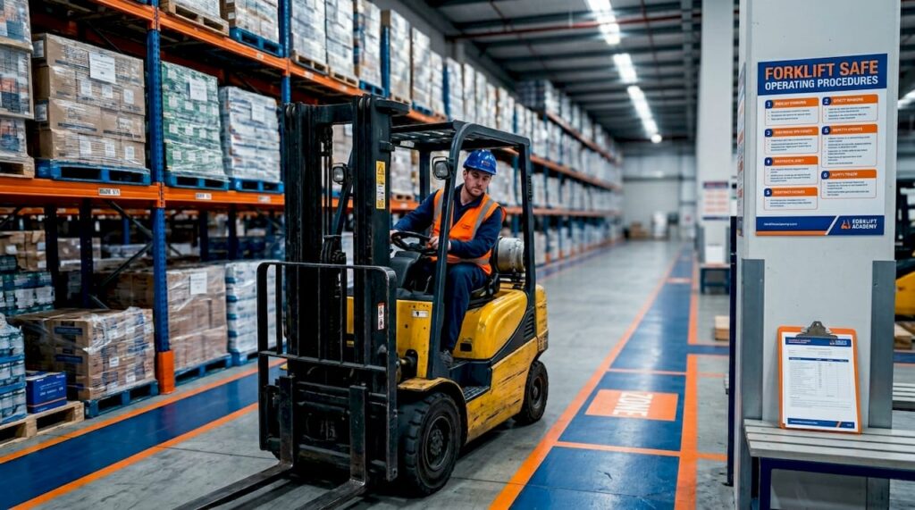 Forklift operator driving safely in warehouse