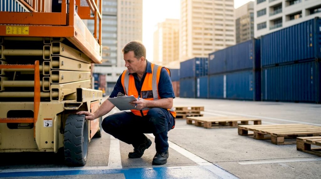 Safety manager inspecting scissor lift in warehouse