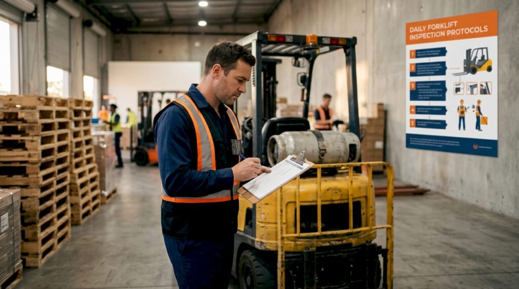 Operator inspecting forklift in active warehouse