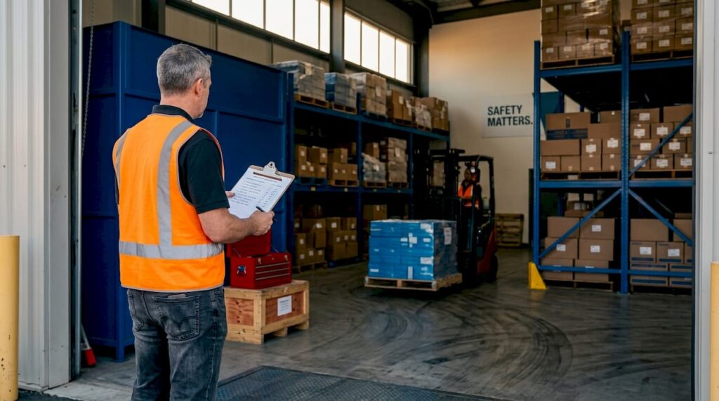 Supervisor observing forklift operator for warehouse safety