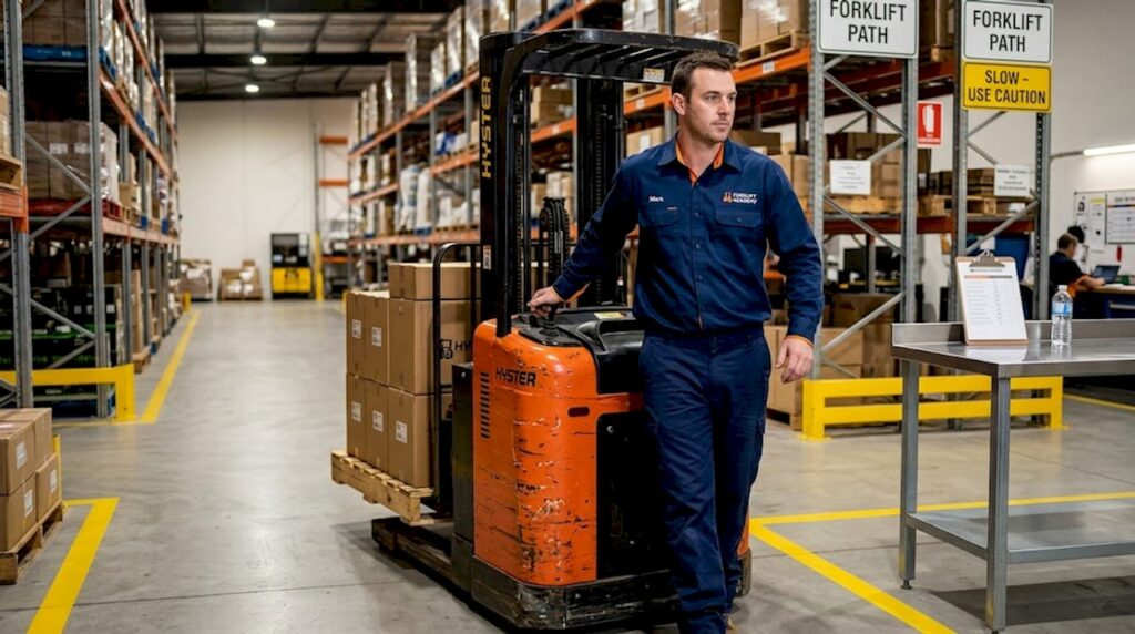 Lift truck operator driving through warehouse aisle